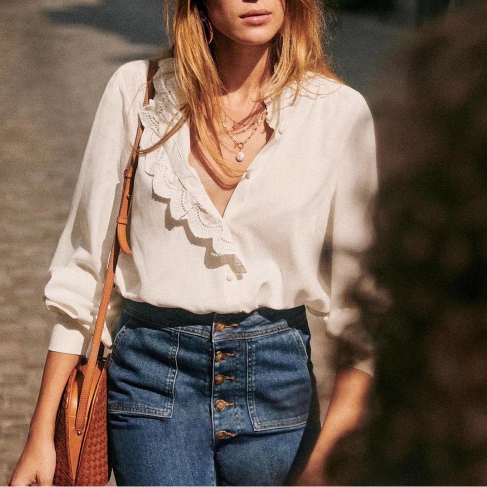 Sezane Chlo Silk Blouse Ecru Sz US14/EU46 EUC